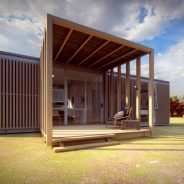 Représentation 3D d'un bungalow de 25 m² avec varangue en bois. Projet disponible à Saint-Paul