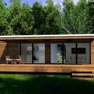 Construction d'une maison en bois contemporaine avec large ouvrant donnant sur l'extérieur. Projet disponible au port