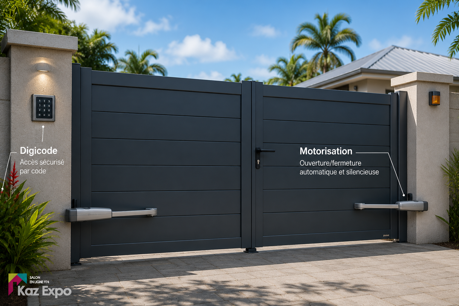 Digicode installé à côté d'un portail battant aluminium motorisé