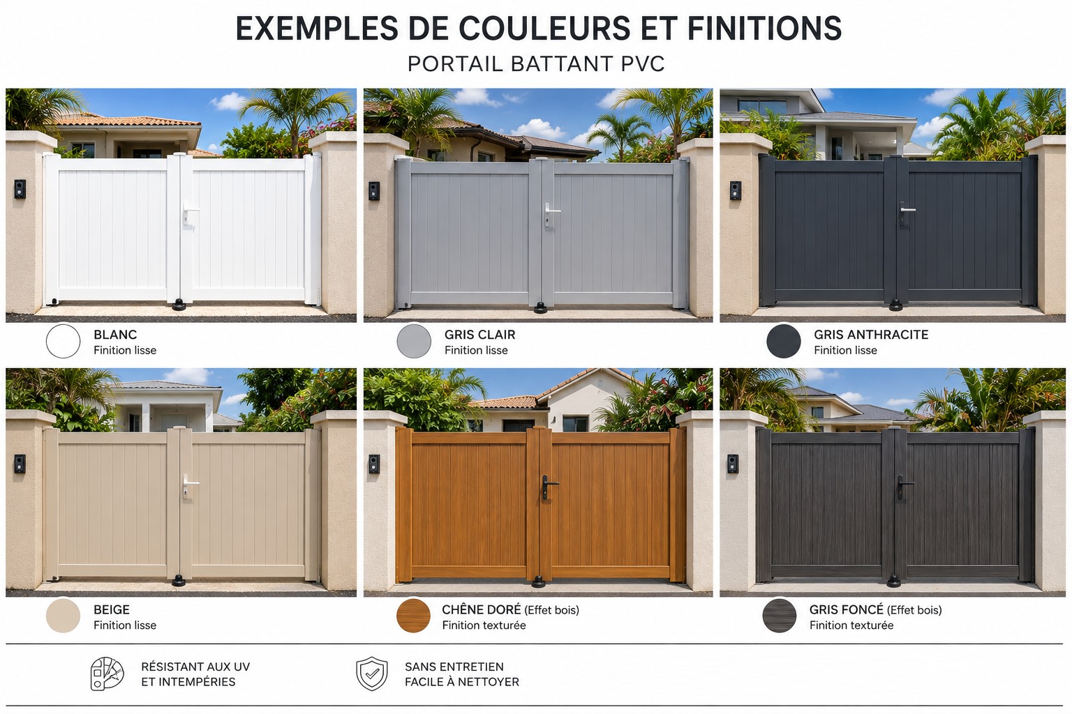Exemples de couleurs et finitions pour un portail battant PVC