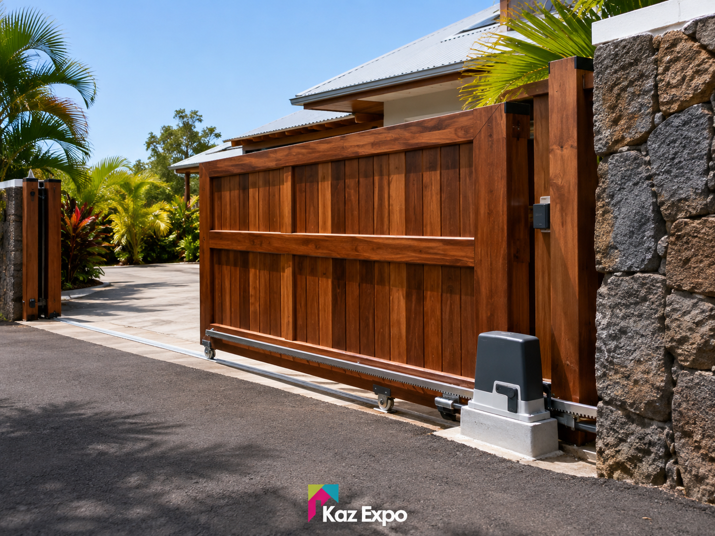 Motorisation installée sur un portail coulissant bois à La Réunion