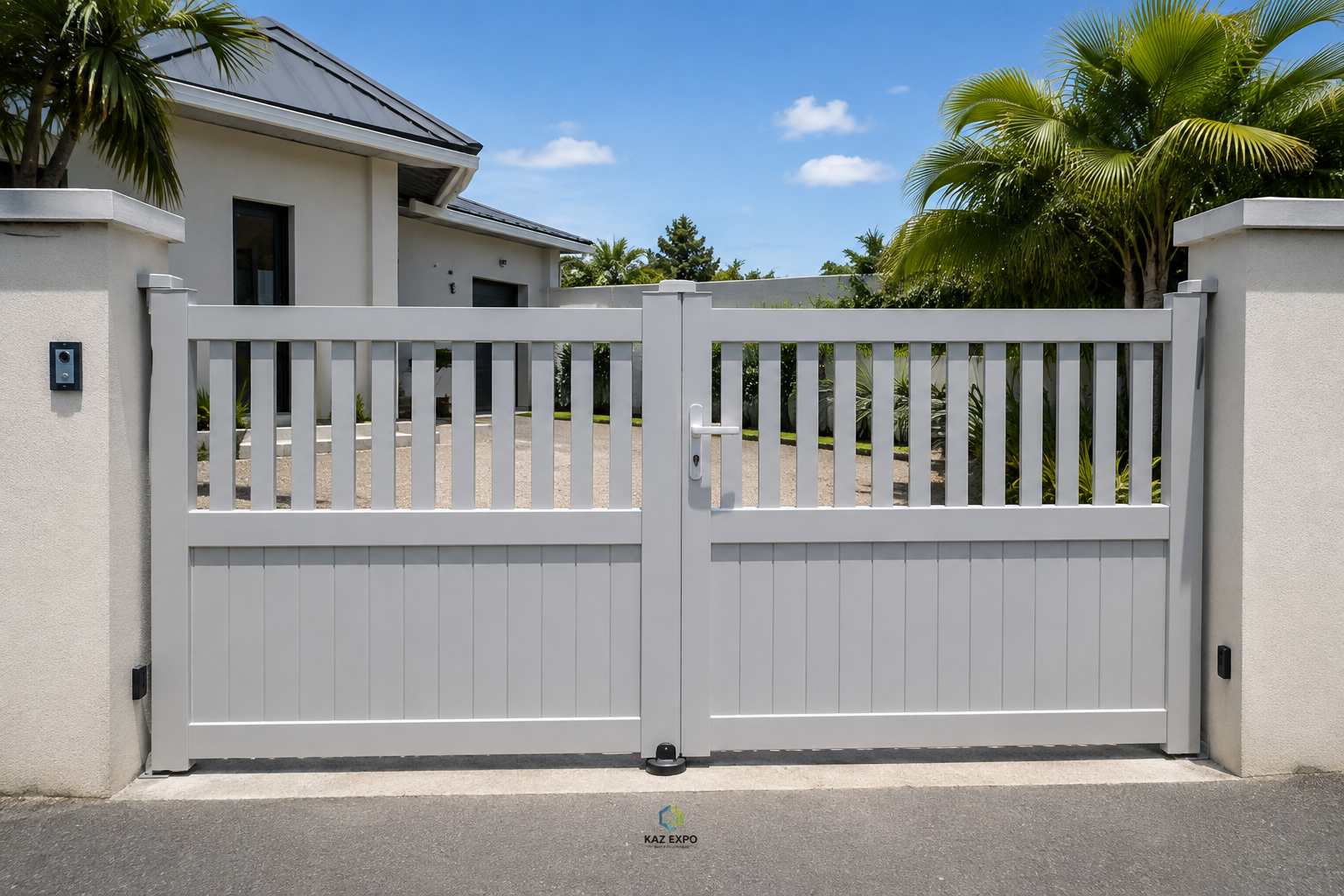 Portail battant PVC ajouré installé devant une maison à La Réunion