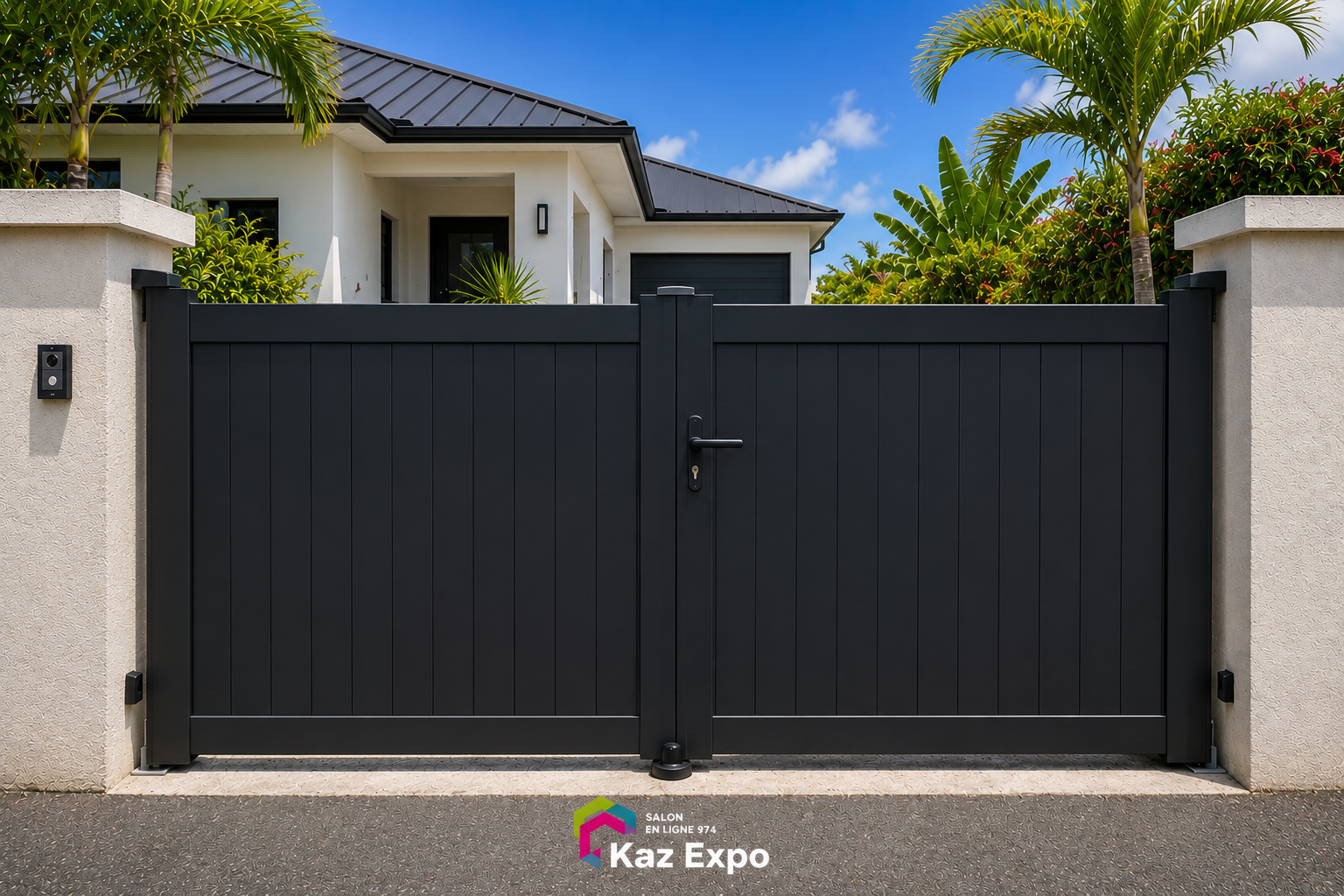 Portail battant PVC plein installé devant une maison à La Réunion