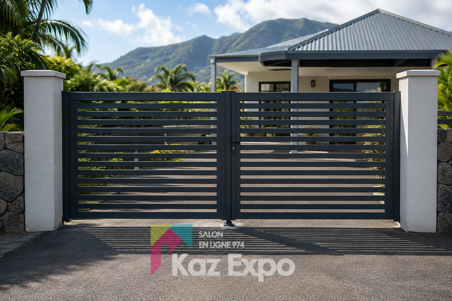 Portail battant aluminium ajouré installé devant une maison à La Réunion