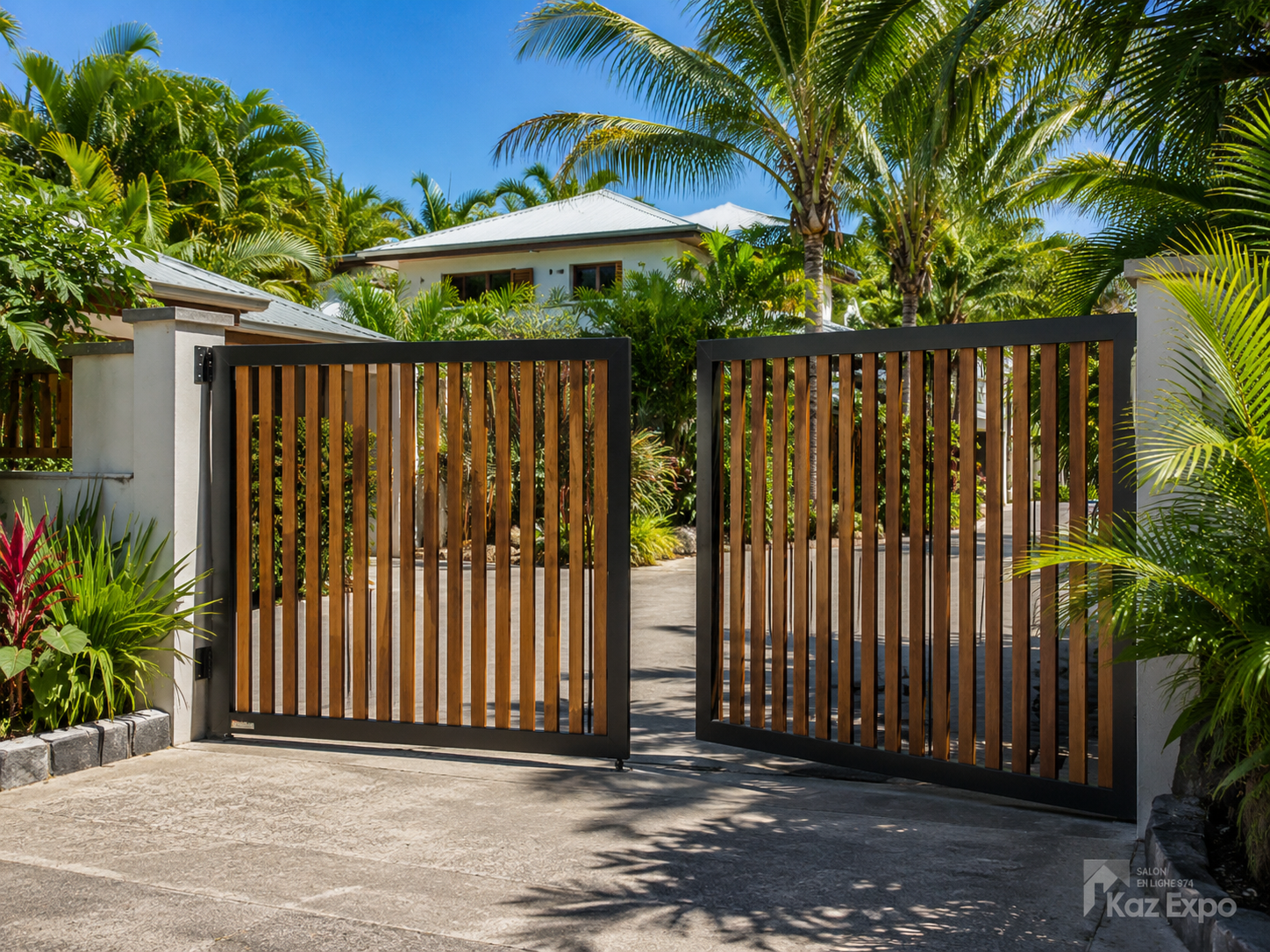 Portail battant en bois semi-ajouré devant une maison à La Réunion
