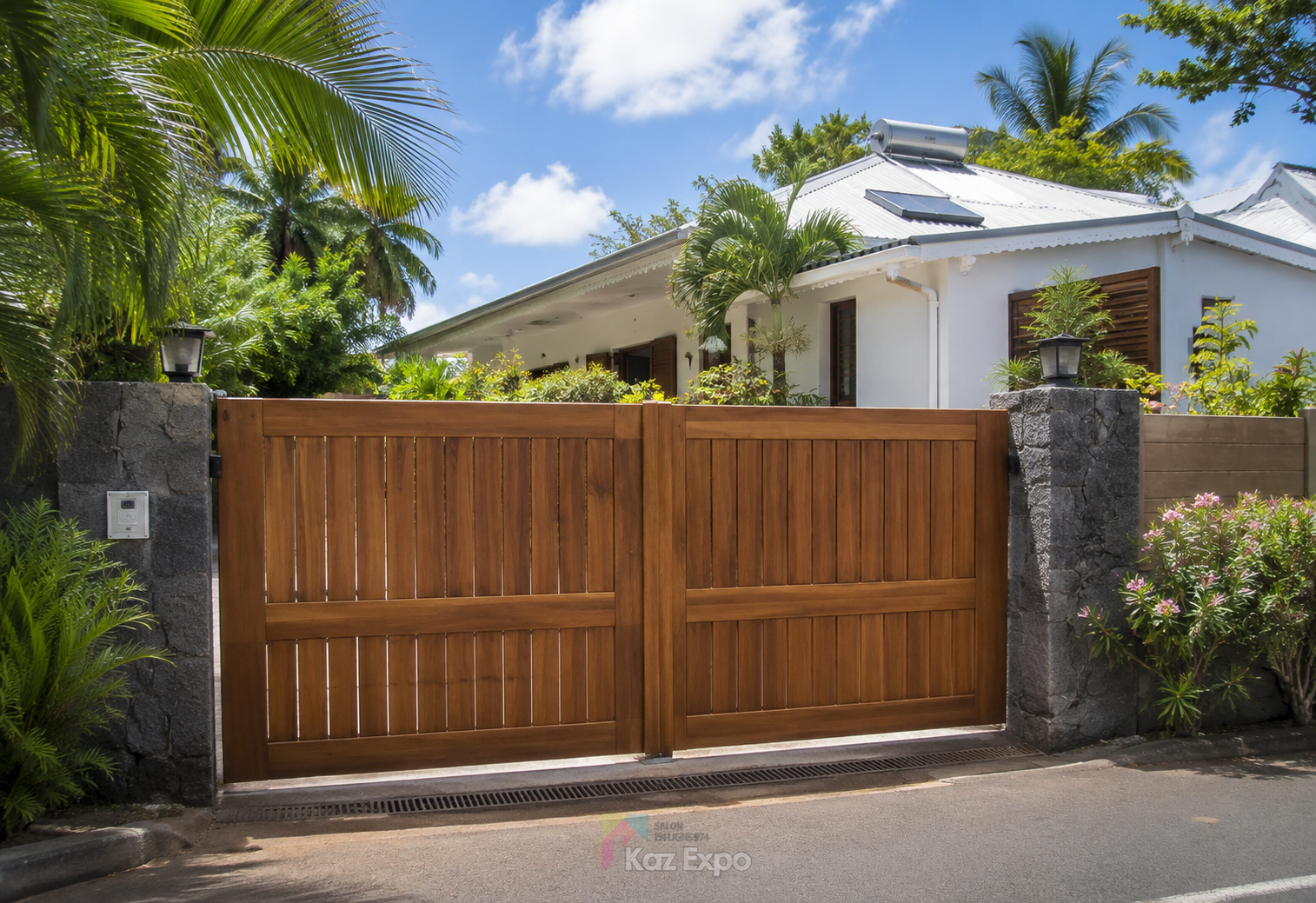 Portail battant en bois installé devant une maison à La Réunion