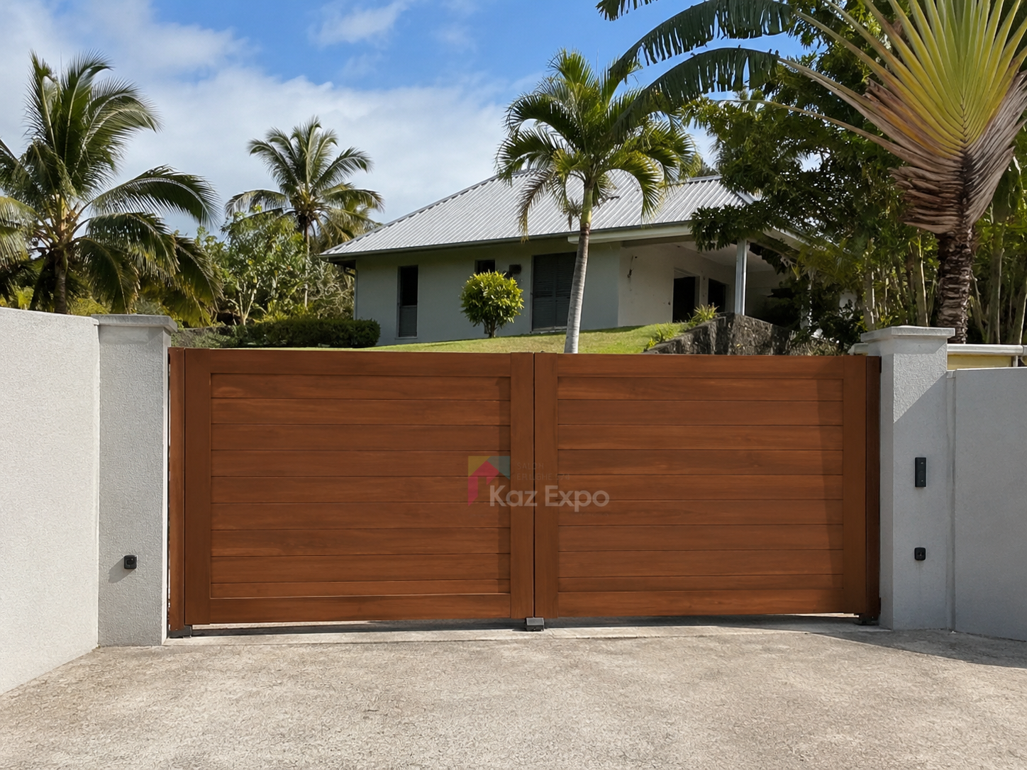 Portail battant en bois plein installé devant une maison à La Réunion