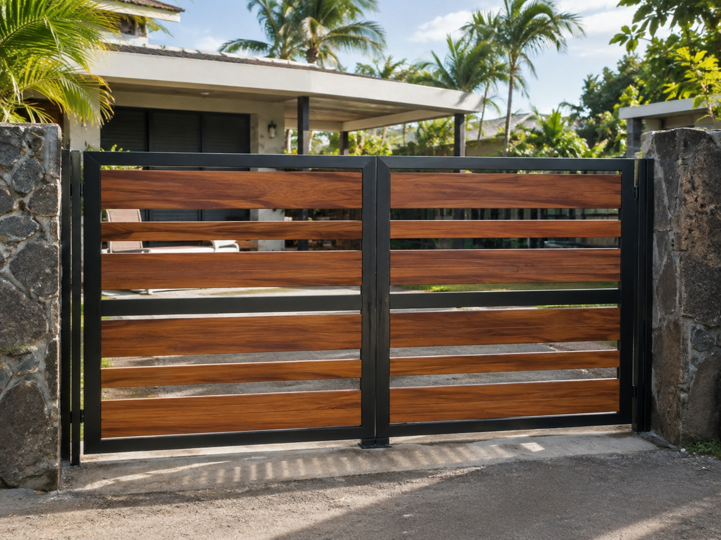 Portail battant en bois ajouré installé devant une maison à La Réunion