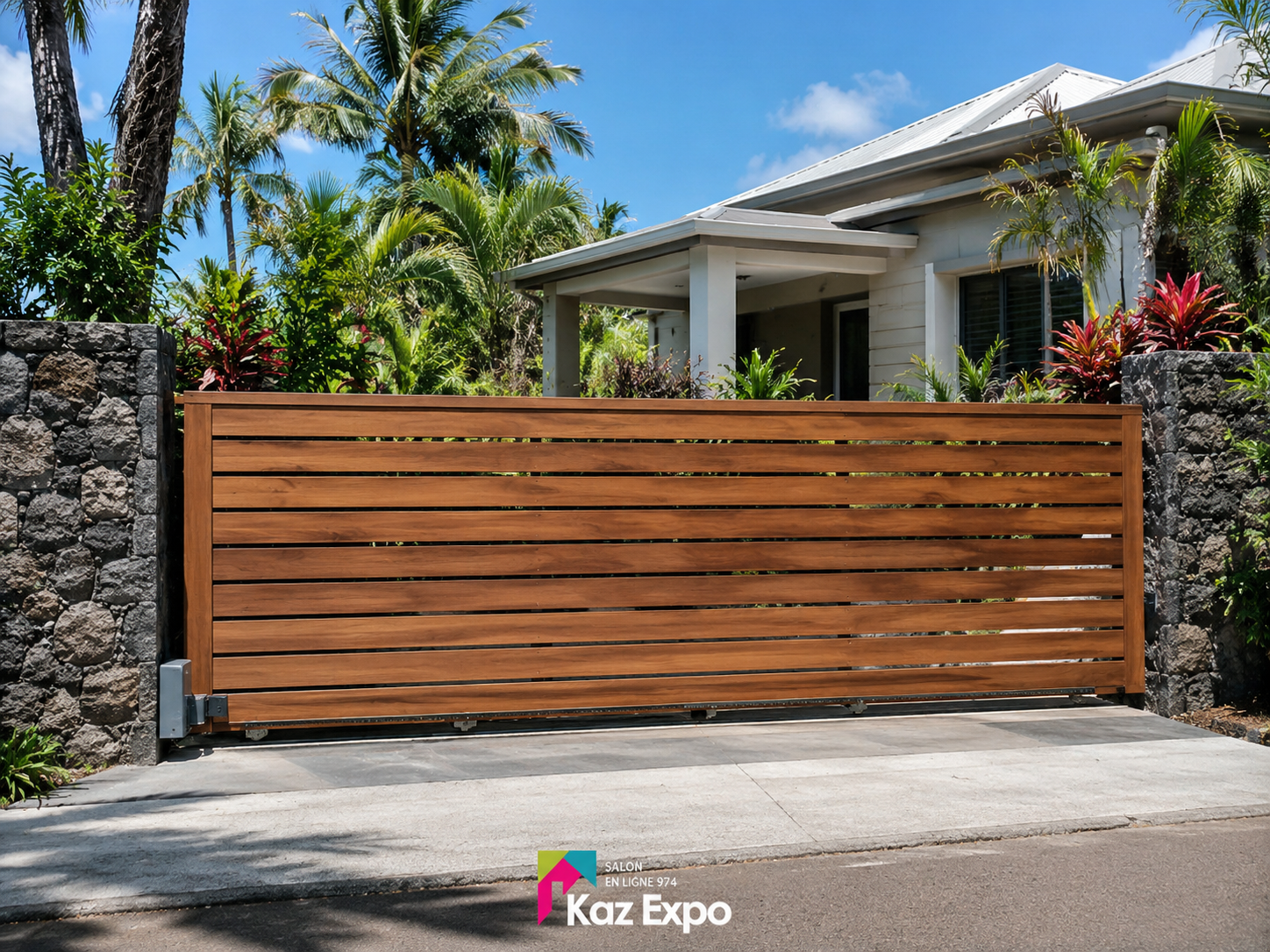 Portail coulissant bois à lames horizontales installé à La Réunion