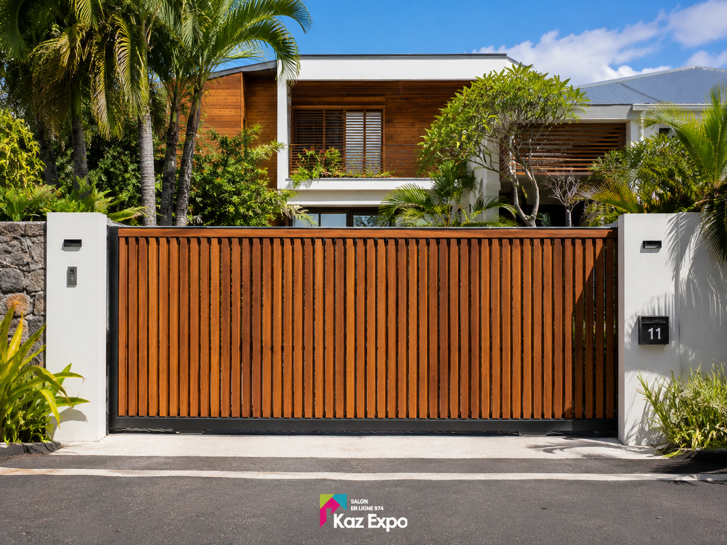 Portail coulissant bois à lames verticales devant une maison à La Réunion