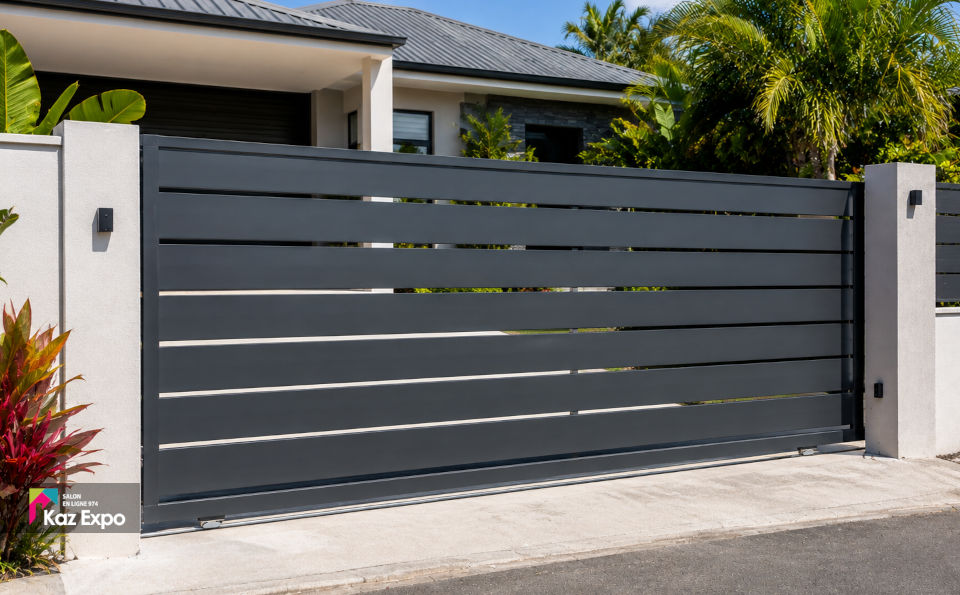 Portail coulissant en aluminium installé devant une maison à La Réunion