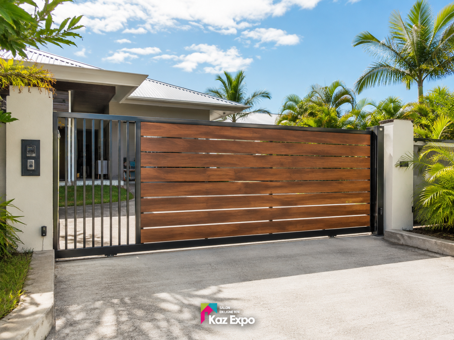 Portail coulissant en bois installé devant une maison à La Réunion
