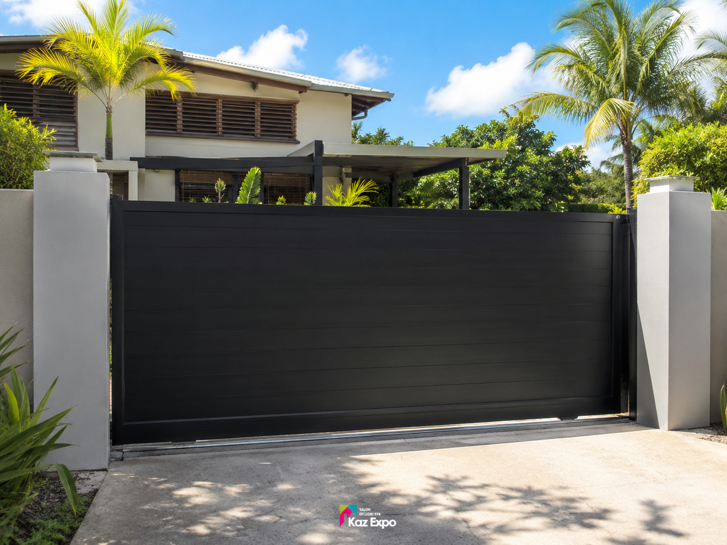 Portail coulissant PVC plein installé devant une maison à La Réunion