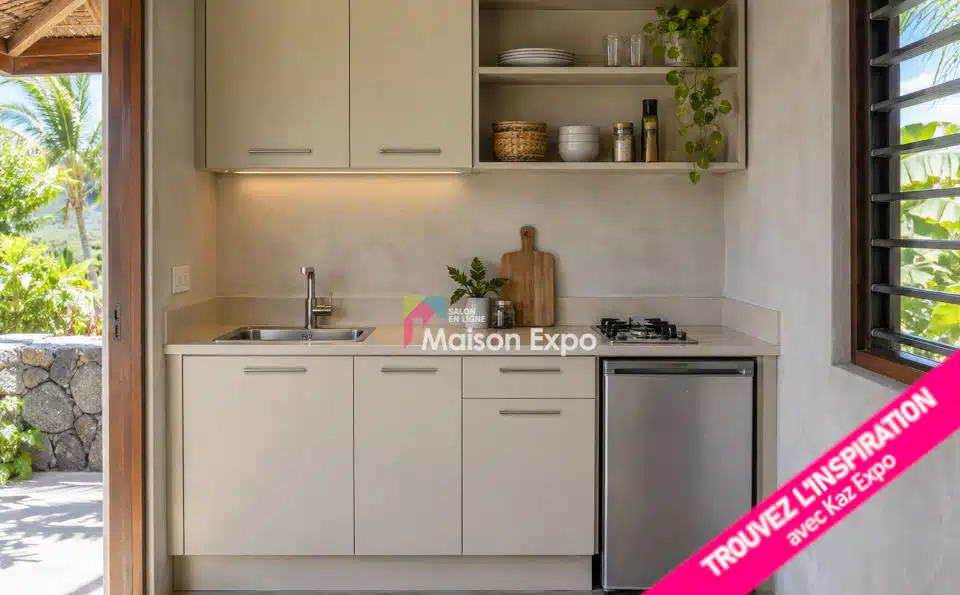 Cuisine équipée dans un bungalow bois de 30 m²
